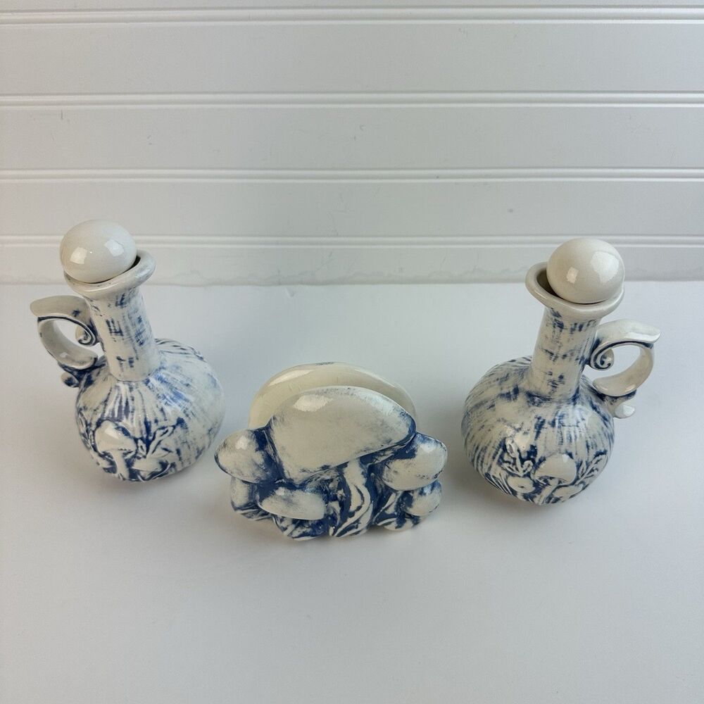 1970s Arnels Ceramic Mushroom Oil Vinegar Cruet Set w/ Napkin Holder Blue White